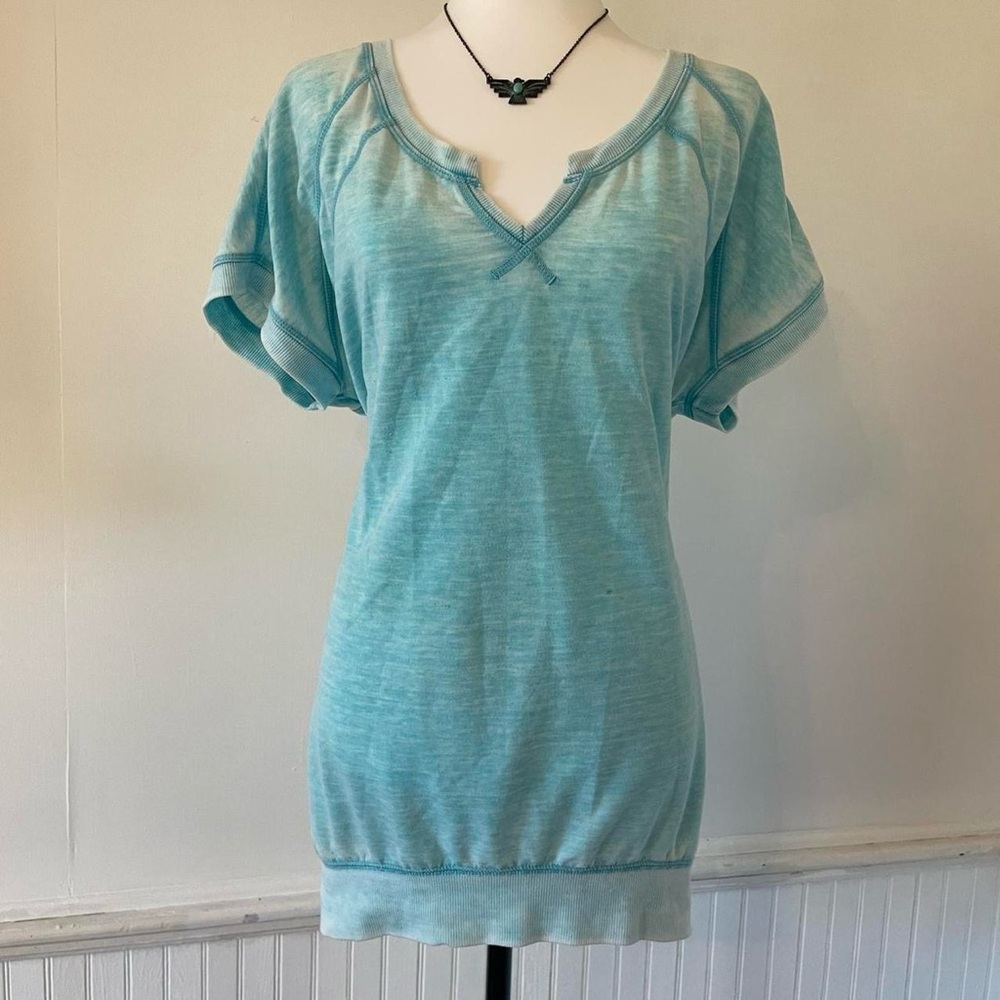 Green Tea Aqua Split Neck Blue Short Sleeve Sweatshirt Style Oversized Top